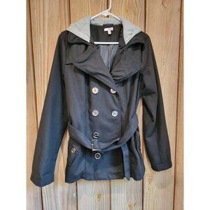 Bongo XL Black Double-Breasted Belted Lined Peacoat with Grey Hood - Video